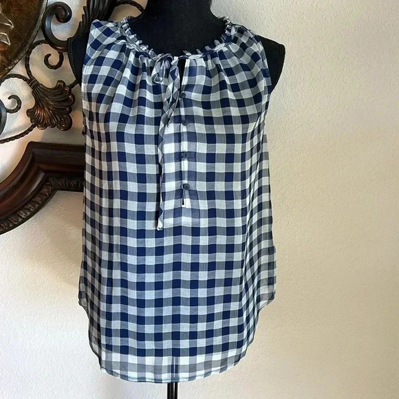 Liz Claiborne NWT Henley Ruffle Tank Navy Blue Gingham XS - Picture 13 of 16